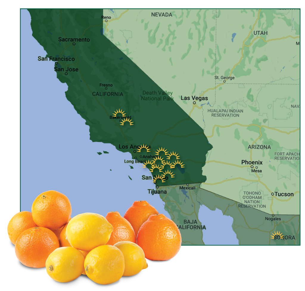 map of West Coast USA with lemons and oranges