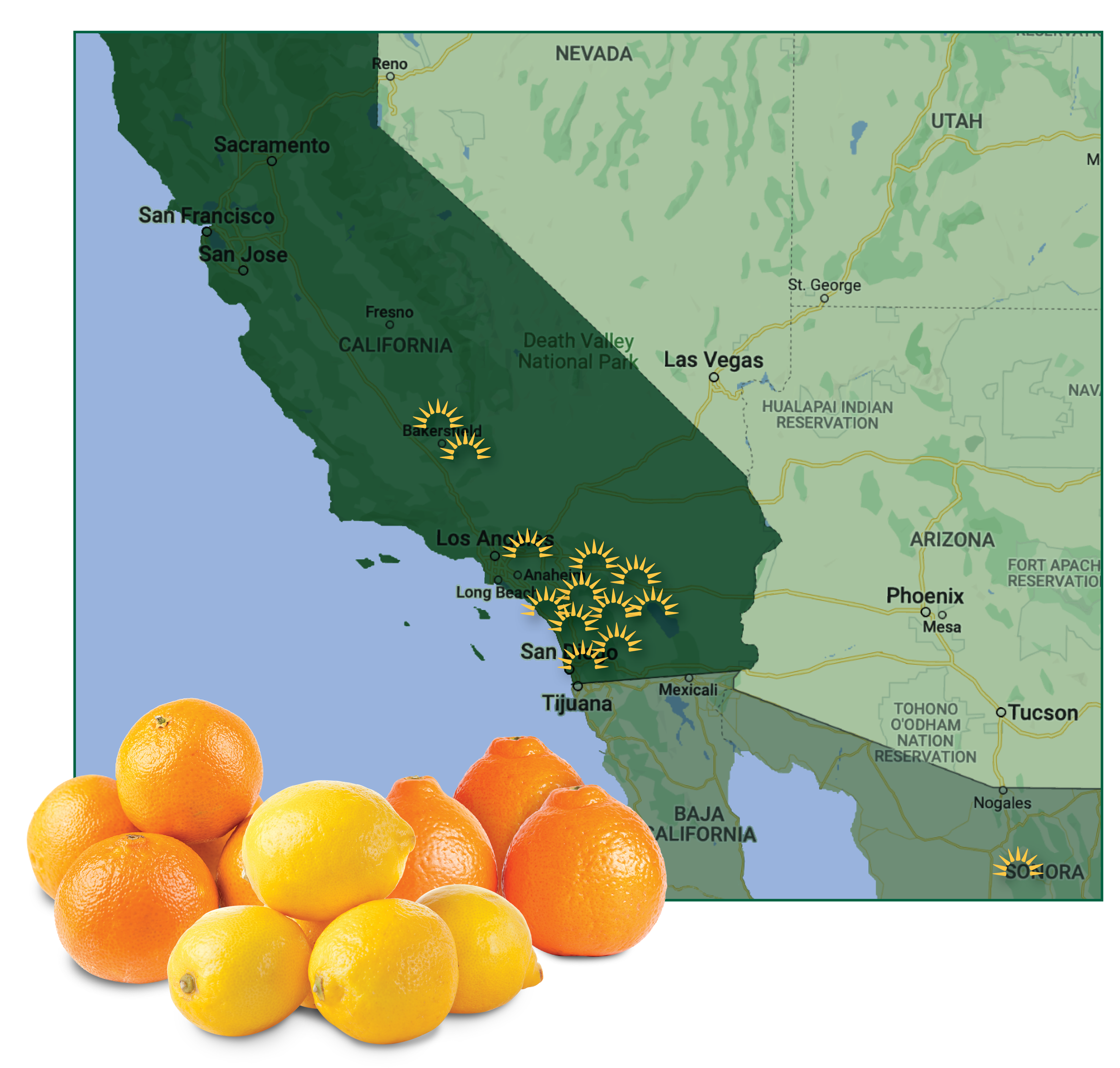 map of West Coast USA with lemons and oranges