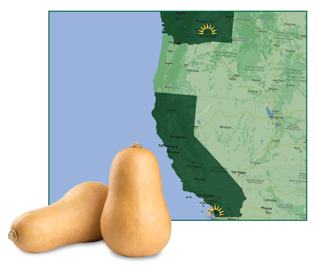 map of West Coast USA with butternut squash