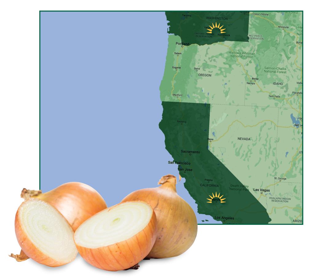 map of West Coast USA with onions